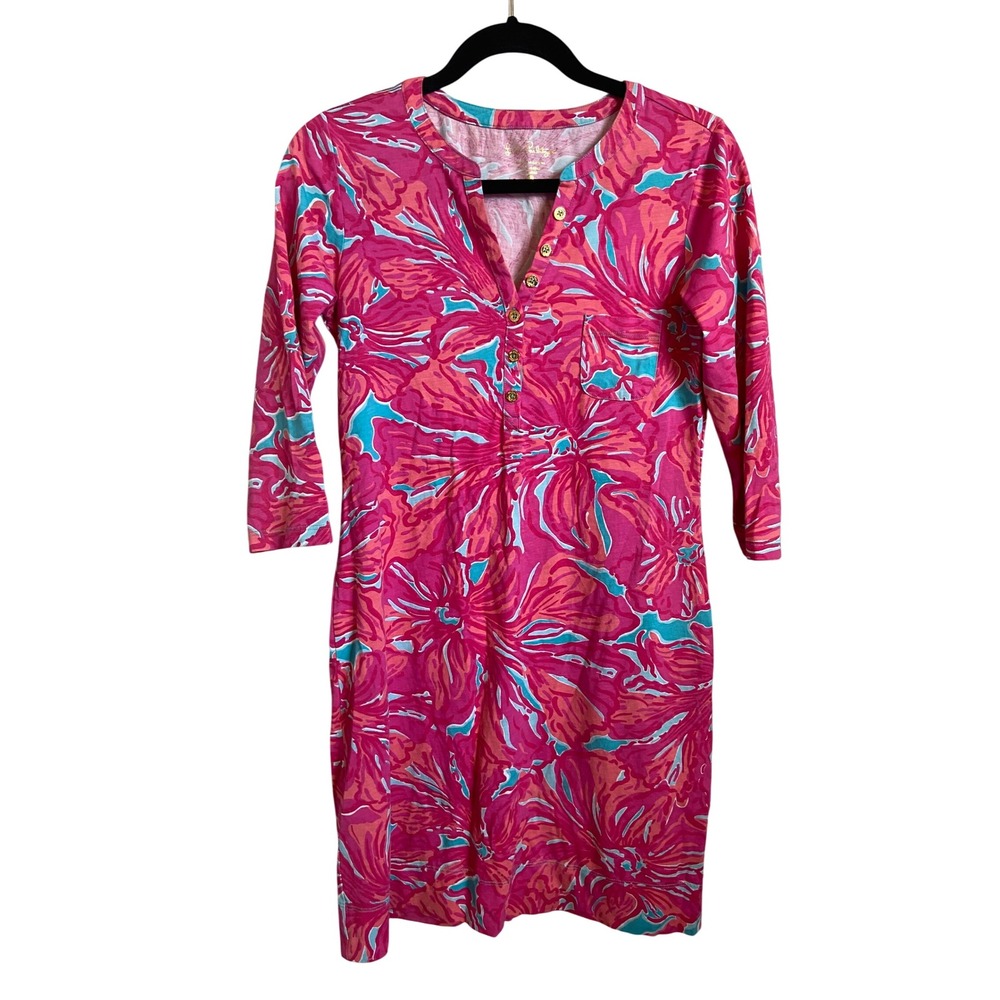 Lilly Pulitzer Alessia Dress Small Pink Floral‎ Cotton 3/4 Sleeve Button Front